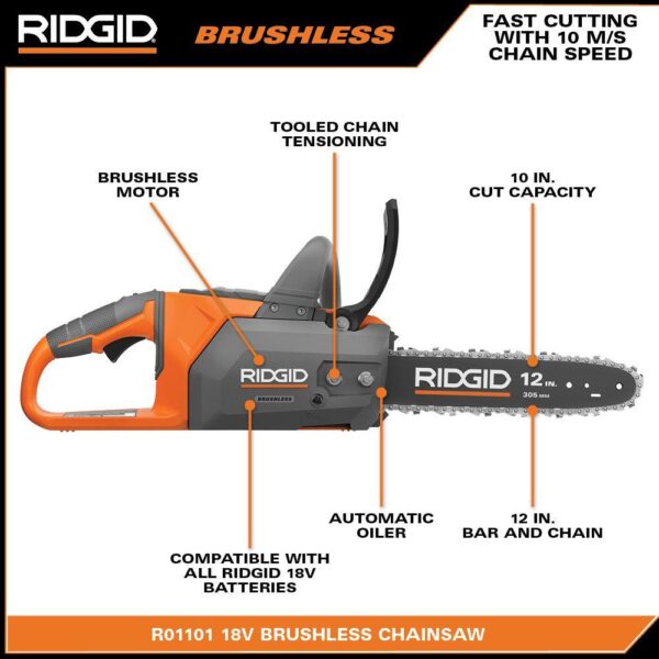 R01101K 18V Brushless 12 in. Electric Battery Chainsaw with 6.0 Ah MAX Output Battery and Charger - Image 3