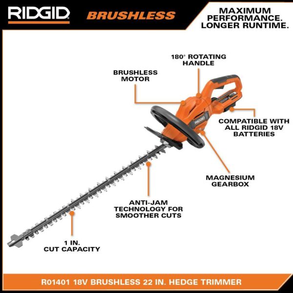 R01401K 18V Brushless Cordless Battery 22 in. Hedge Trimmer with 2.0 Ah Battery and Charger - Image 3