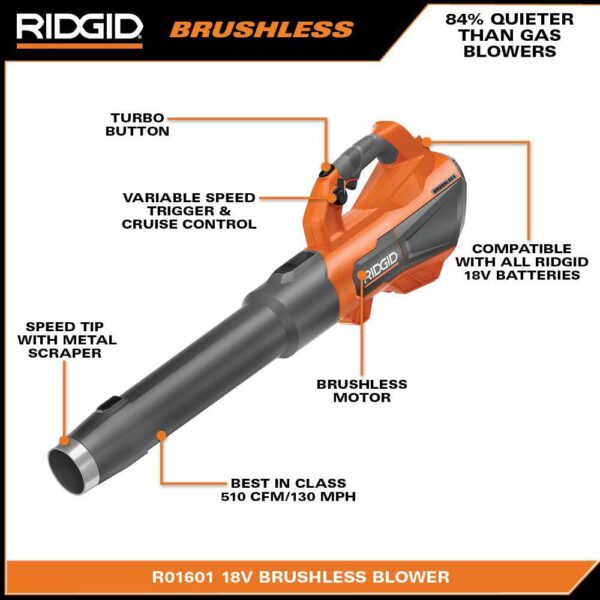 R01601K 18V Brushless 130 MPH 510 CFM Cordless Battery Leaf Blower with 6.0 Ah MAX Output Battery and Charger - Image 3