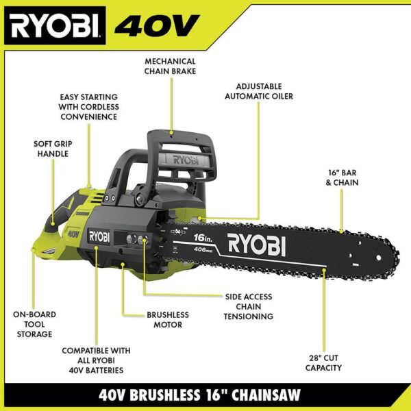 RY40550-PS 40V HP Brushless 16 in. Battery Chainsaw and 10 in. Battery Pole Saw with 4.0 Ah Battery and Charger - Image 3