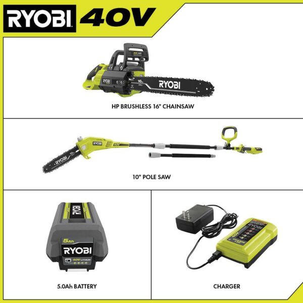 RY40550-PS 40V HP Brushless 16 in. Battery Chainsaw and 10 in. Battery Pole Saw with 4.0 Ah Battery and Charger - Image 7